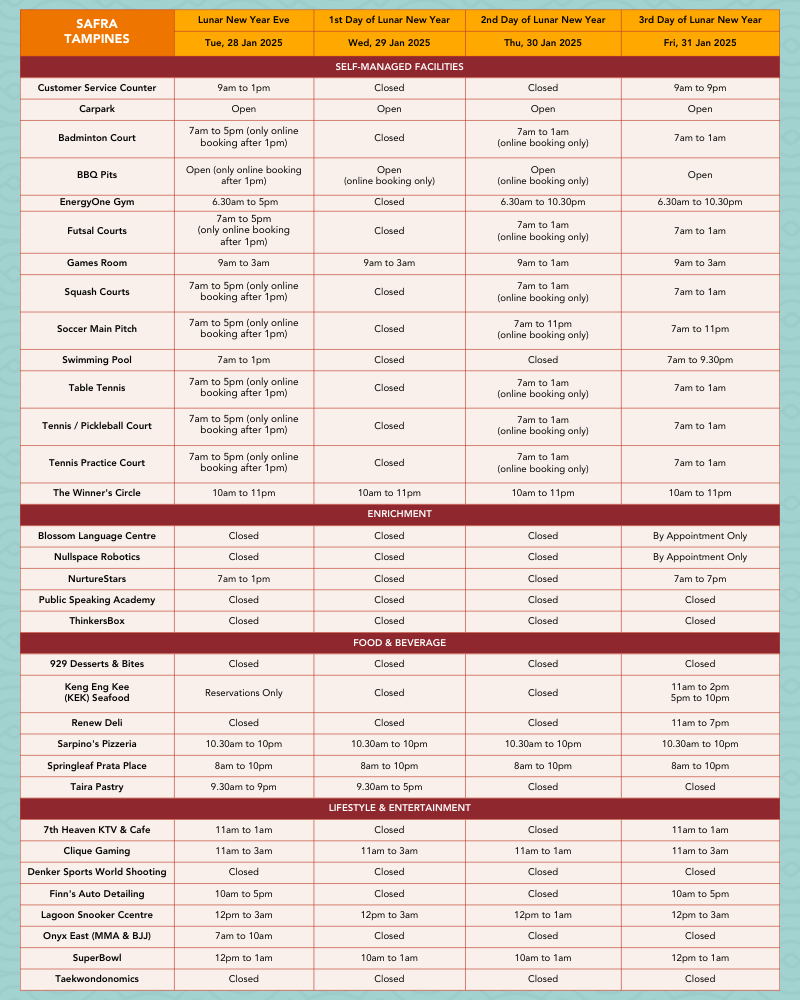 SAFRA TAMPINES (LNY Operating Hours)